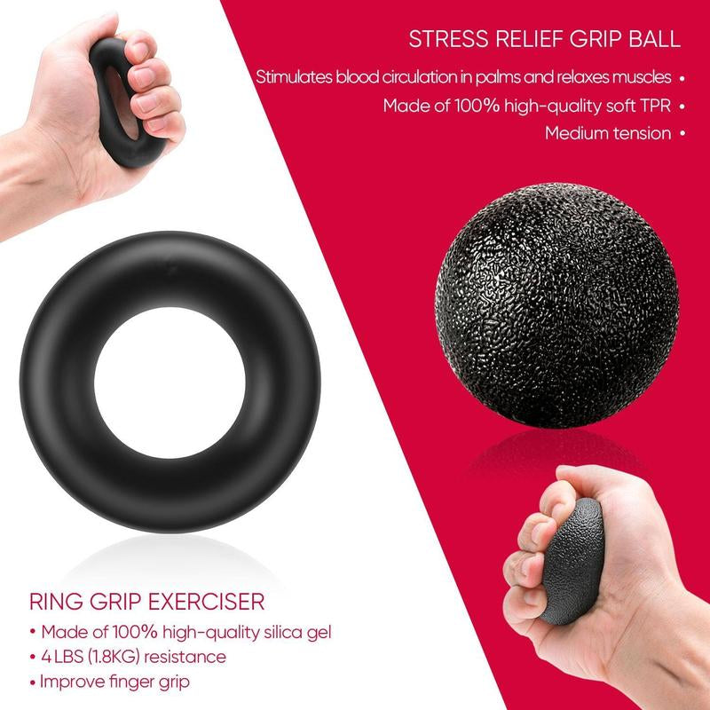 Adjustable Resistance Hand Grip Strengthening Kit (5 Pack) - Forearm Gripper, Finger Exerciser, Finger Stretcher, Grip Ring, and Stress Relief Ball for Athletes